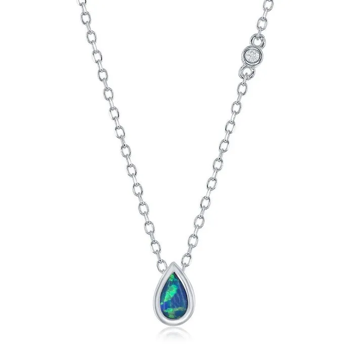 Sterling Silver Blue Inlay Opal Teardrop with Single CZ Necklace Classic Necklaces Sterling Silver Blue Inlay Opal Teardrop with Single CZ Necklace Classic Necklaces