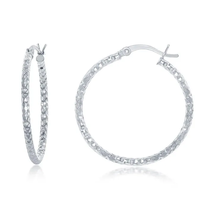 Sterling Silver Diamond Cut Hoop Earrings 30 mm Classic Earrings