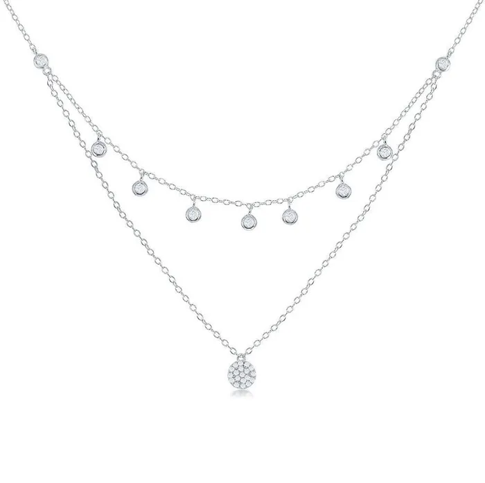 Sterling Silver Double Strand CZ with Micro Pave Disc Necklace Classic Necklaces