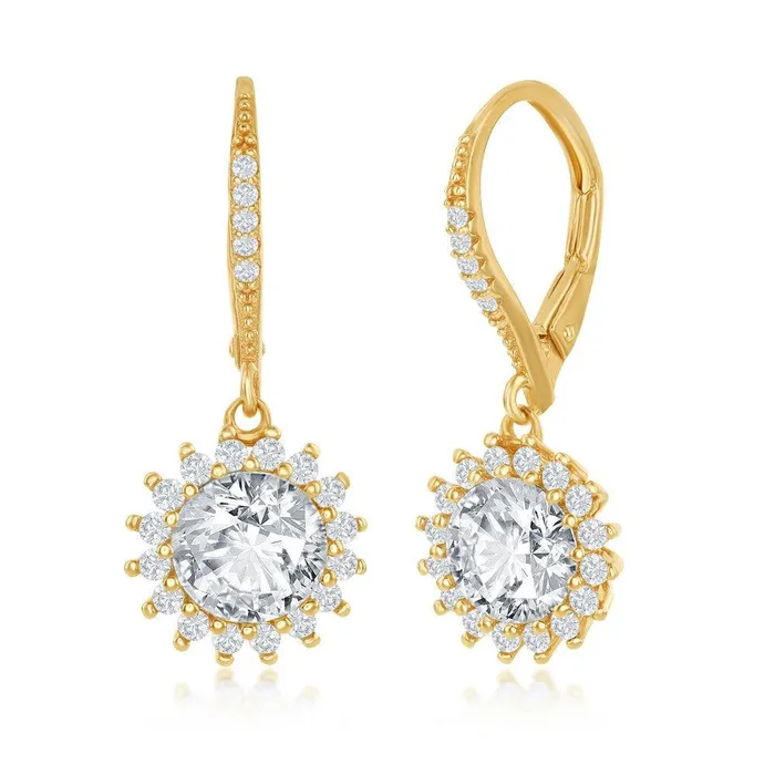 Sterling Silver GP Round Halo Flower CZ Dangling Earrings Classic Earrings Sterling Silver GP Round Halo Flower CZ Dangling Earrings Classic Earrings