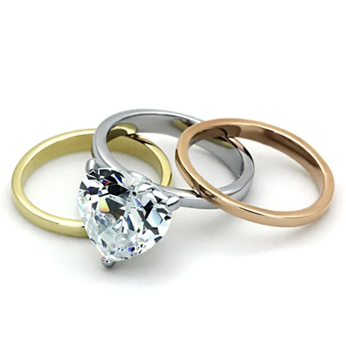 TK1275 Three Tone IP Gold IP Rose Gold High Polished Stainless Steel Ring with AAA Grade CZ in Clear Alamode Rings