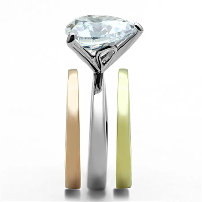 TK1275 Three Tone IP Gold IP Rose Gold High Polished Stainless Steel Ring with AAA Grade CZ in Clear Alamode Rings