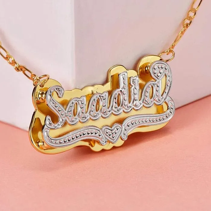 VVS Jewelry Heart Custom Two Tone Figaro Name Necklace VVS Jewelry Necklaces