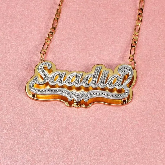 VVS Jewelry Heart Custom Two Tone Figaro Name Necklace VVS Jewelry Necklaces