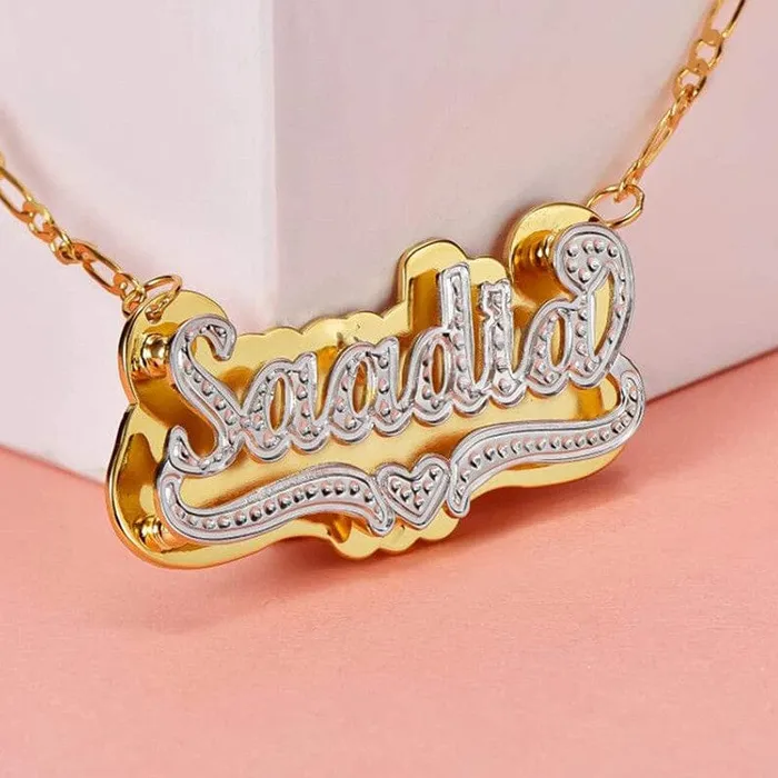 VVS Jewelry Heart Custom Two Tone Figaro Name Necklace VVS Jewelry Necklaces