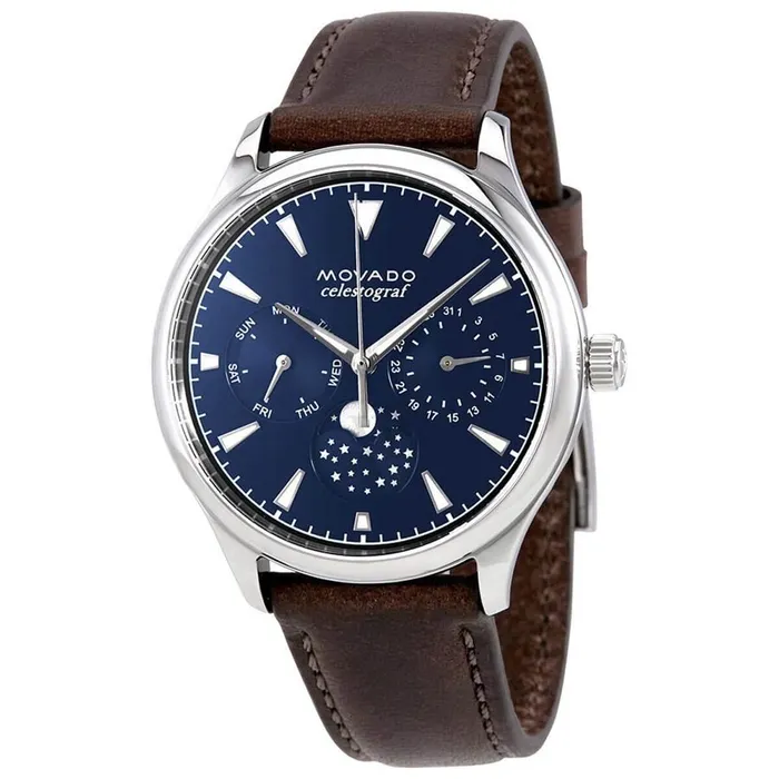 Watches Movado Movado Womens Quartz Watch Heritage Moonphase Navy Blue Dial Brown Strap 3650009 Watches Movado Movado Womens Quartz Watch Heritage Moonphase Navy Blue Dial Brown Strap 3650009