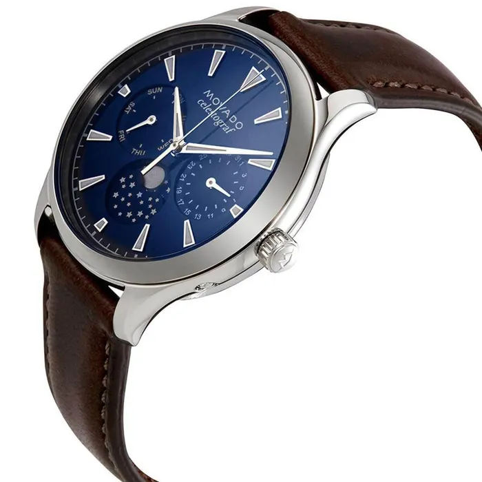 Watches Movado Movado Womens Quartz Watch Heritage Moonphase Navy Blue Dial Brown Strap 3650009 Watches Movado Movado Womens Quartz Watch Heritage Moonphase Navy Blue Dial Brown Strap 3650009