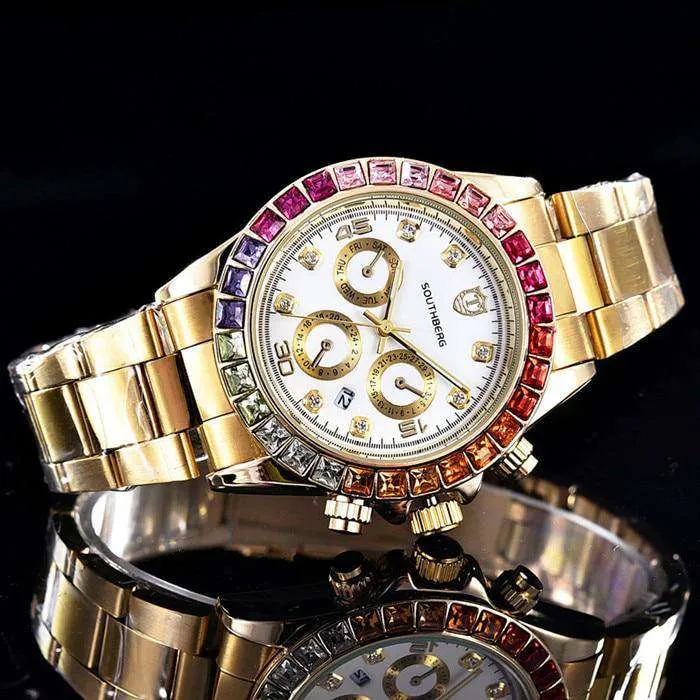 Watches VVS Jewelry Luxury Quartz Rollie Style Watch with Color Rhinestone