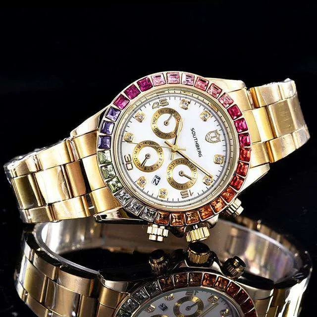 Watches VVS Jewelry Luxury Quartz Rollie Style Watch with Color Rhinestone