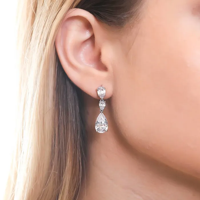 BERRICLE Earrings 3Stone Graduated 58ct Pear CZ Earrings in Sterling Silver