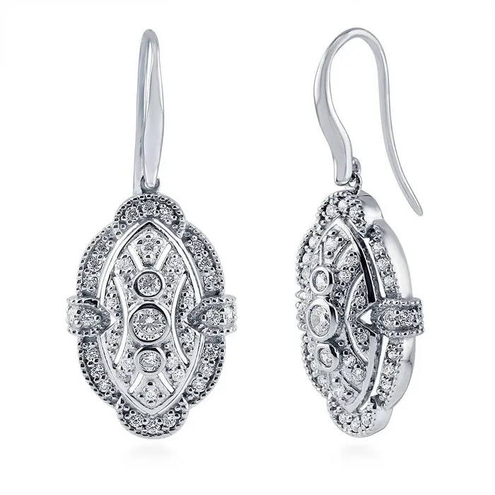 BERRICLE Earrings Art Deco Milgrain CZ Fish Hook Earrings in Sterling Silver