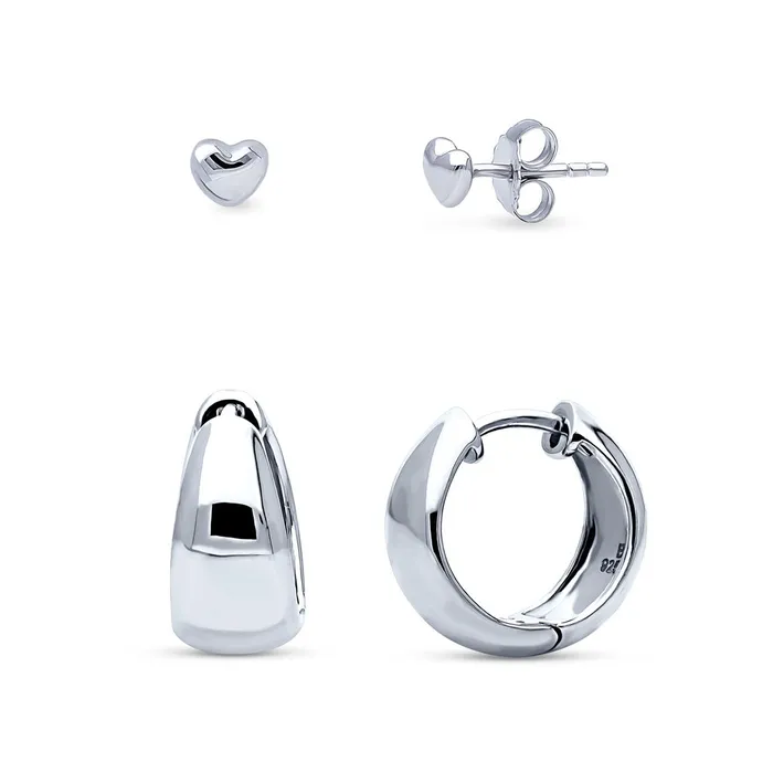 BERRICLE Earrings Dome Heart 2 Pairs Earrings Set in Sterling Silver