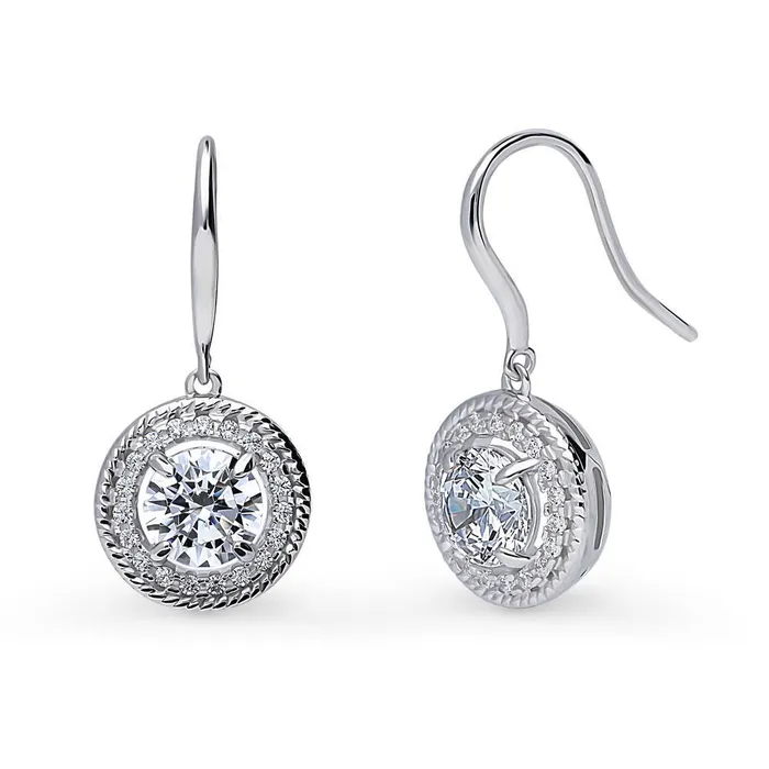 BERRICLE Earrings Halo Cable CZ Fish Hook Earrings in Sterling Silver