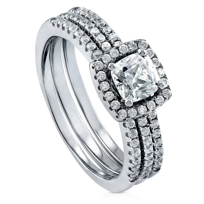 BERRICLE Halo Cushion CZ Ring Set in Sterling Silver Rings