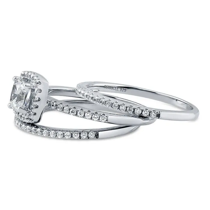 BERRICLE Halo Cushion CZ Ring Set in Sterling Silver Rings