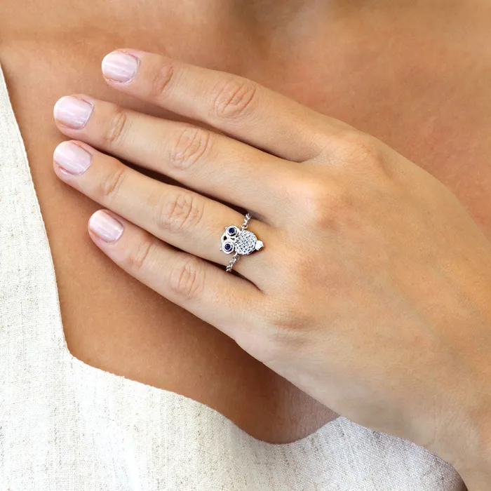 BERRICLE Owl CZ Chain Ring in Sterling Silver Rings