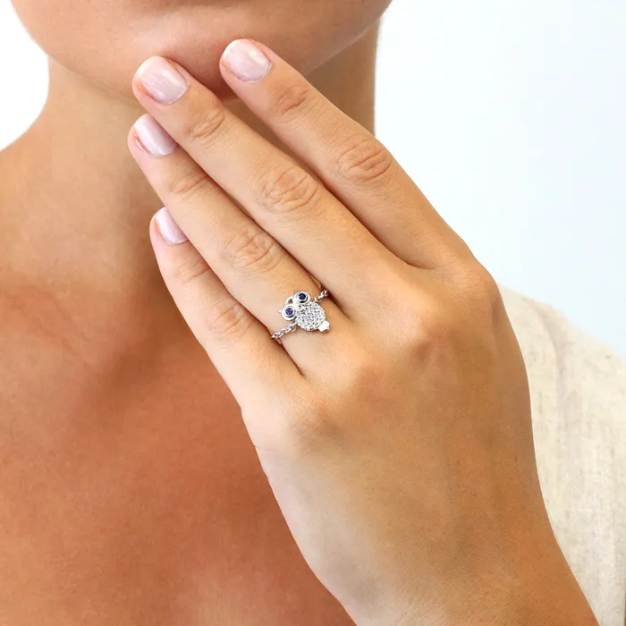 BERRICLE Owl CZ Chain Ring in Sterling Silver Rings