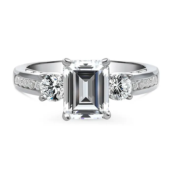 BERRICLE Rings 3Stone 21ct Emerald Cut CZ Ring in Sterling Silver