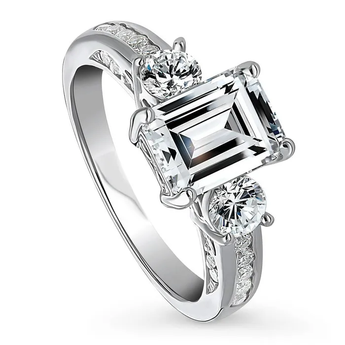 BERRICLE Rings 3Stone 21ct Emerald Cut CZ Ring in Sterling Silver