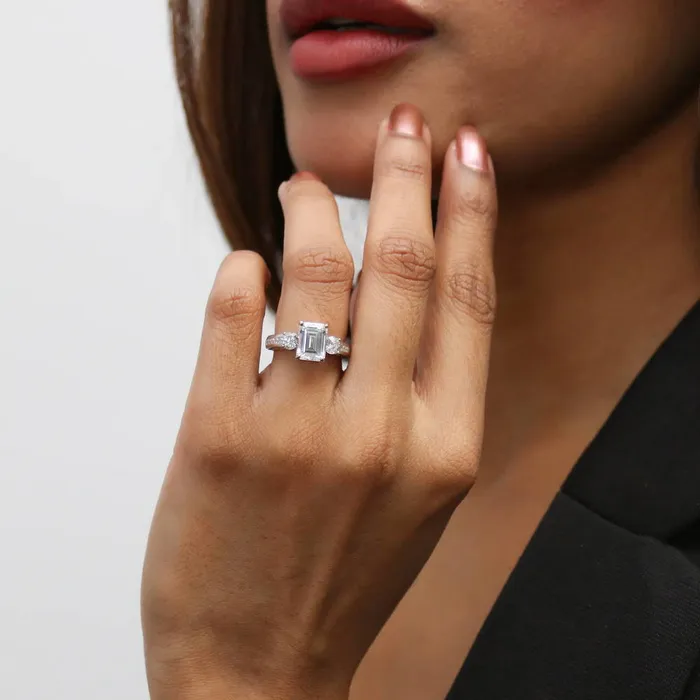 BERRICLE Rings 3Stone 21ct Emerald Cut CZ Ring in Sterling Silver