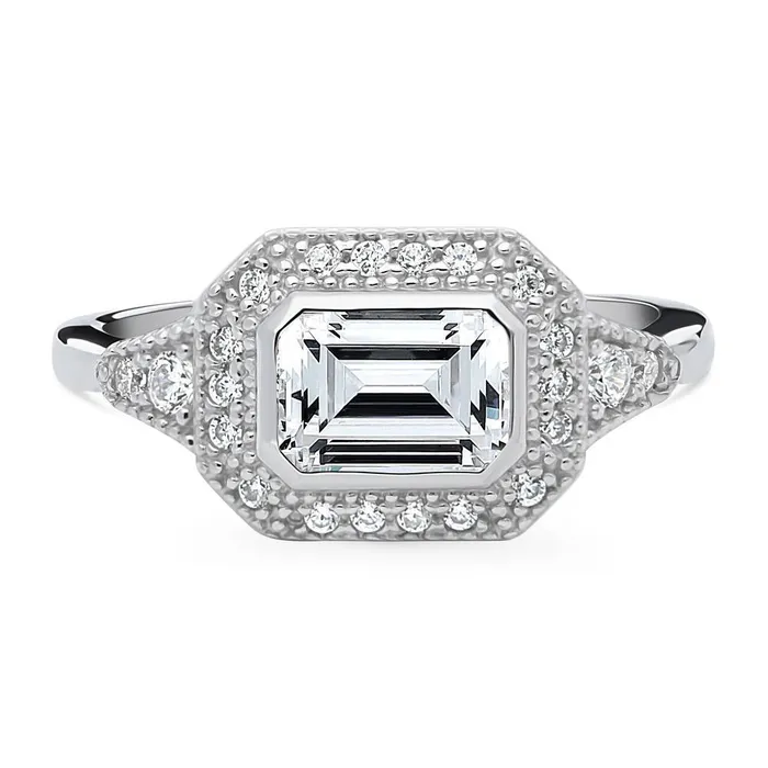BERRICLE Rings Halo EastWest Emerald Cut CZ Ring in Sterling Silver