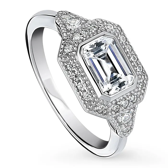 BERRICLE Rings Halo EastWest Emerald Cut CZ Ring in Sterling Silver