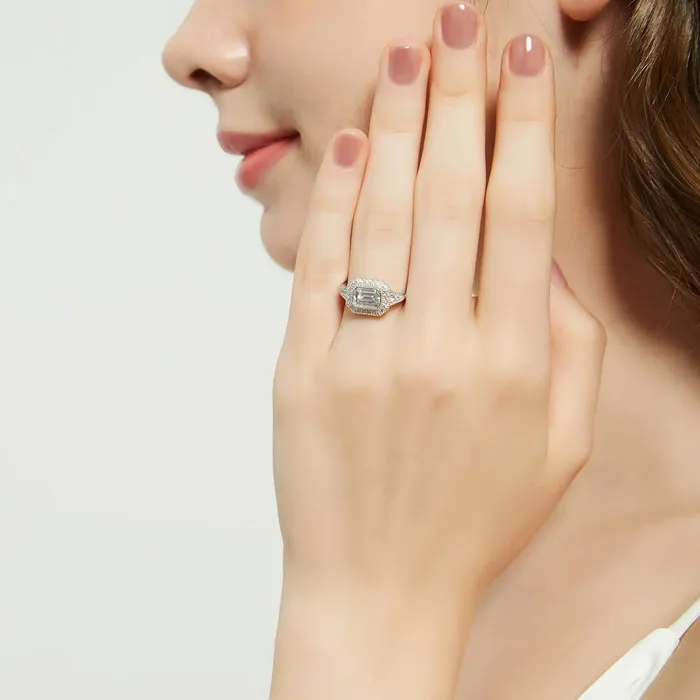 BERRICLE Rings Halo EastWest Emerald Cut CZ Ring in Sterling Silver