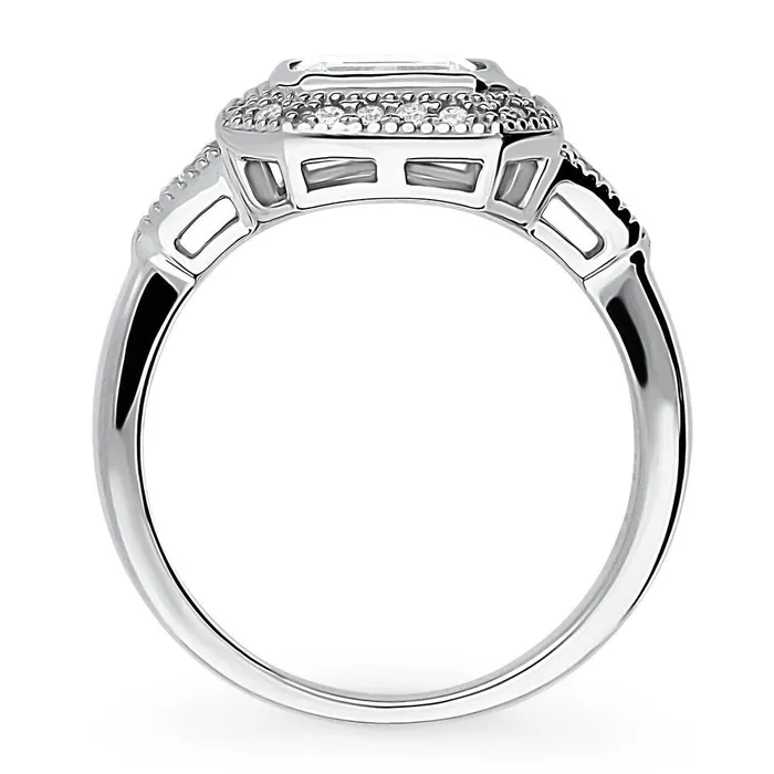 BERRICLE Rings Halo EastWest Emerald Cut CZ Ring in Sterling Silver