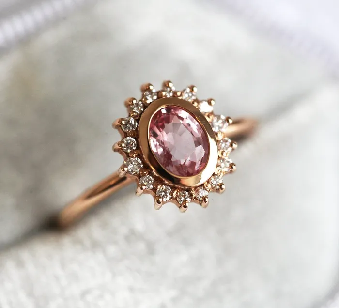 Capucinne Rings Angie Peach Pink Sapphire Diamond Ring