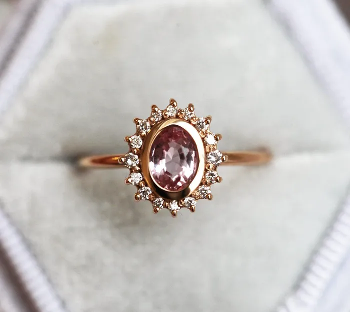 Capucinne Rings Angie Peach Pink Sapphire Diamond Ring