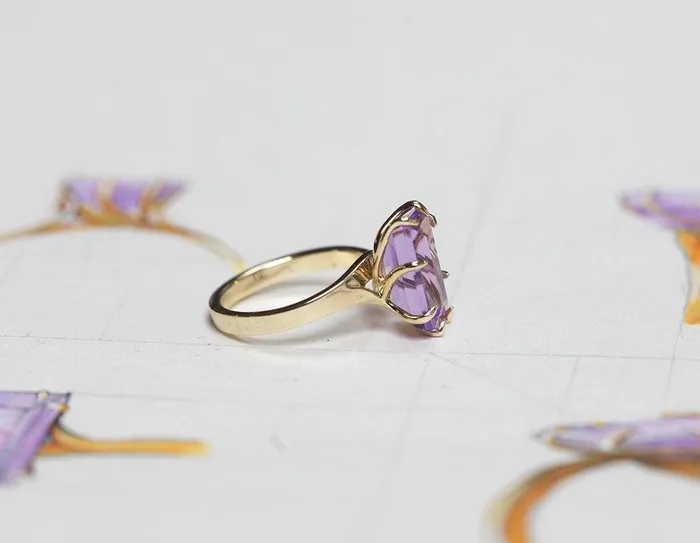 Capucinne Rings Cassandra Baguette Cut Amethyst Ring