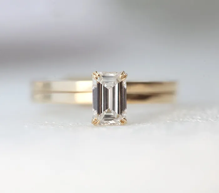 Capucinne Rings Emerald cut diamond engagement ring set 18k gold diamond