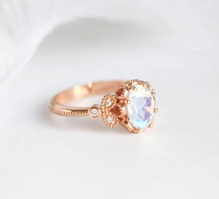 Capucinne Rings Moonstone Engagement Ring Rainbow Moonstone Ring