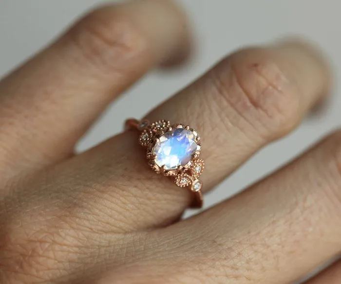 Capucinne Rings Moonstone Engagement Ring Rainbow Moonstone Ring