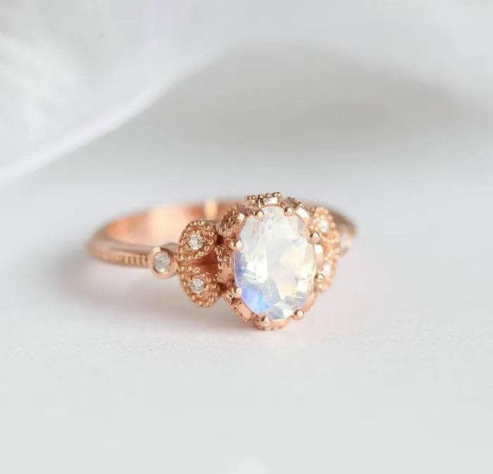 Capucinne Rings Moonstone Engagement Ring Rainbow Moonstone Ring