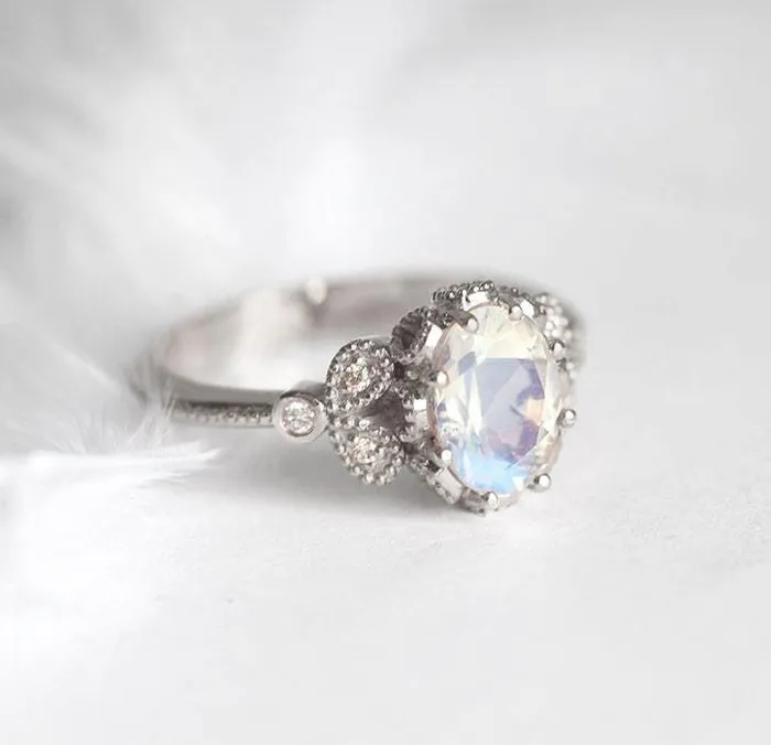 Capucinne Rings Moonstone Engagement Ring Rainbow Moonstone Ring