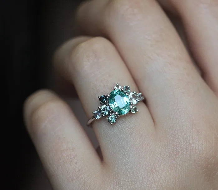 capucinne Rings Sawyer Green Tourmaline Sapphire Cluster Ring