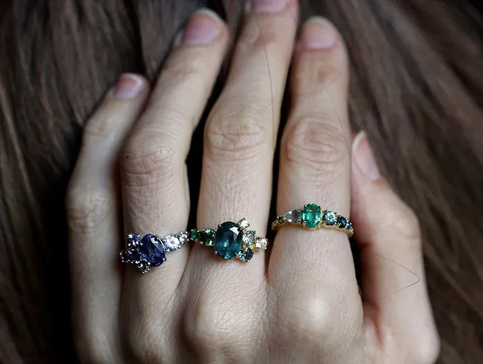 capucinne Rings Sawyer Green Tourmaline Sapphire Cluster Ring