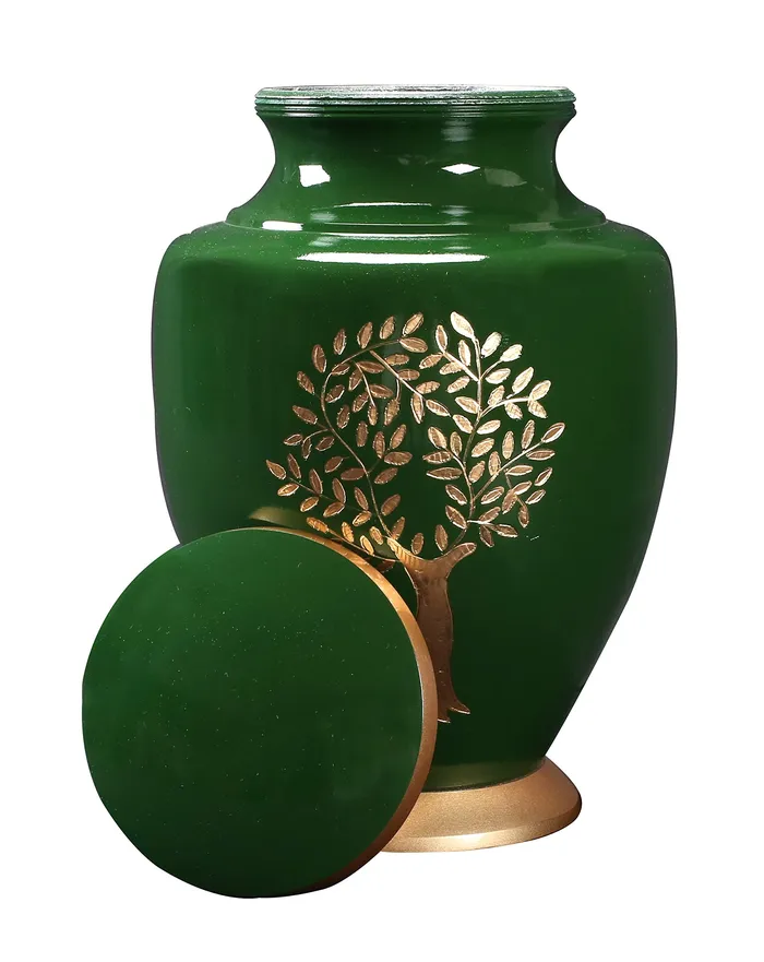 Dropshipped via Social Commerce Network ALPHA Living HOME Aluminum Cremation Urn Dark Green with Gold Engraved Life Tree 75x75x10 Secure Memorial Urn for Human Ashes Necklaces