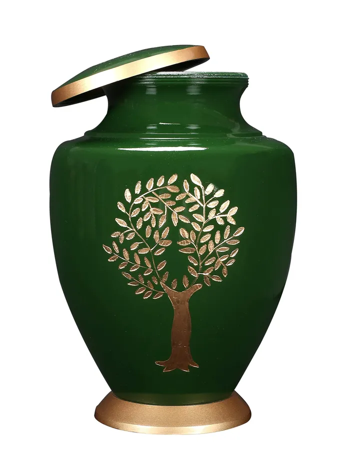 Dropshipped via Social Commerce Network ALPHA Living HOME Aluminum Cremation Urn Dark Green with Gold Engraved Life Tree 75x75x10 Secure Memorial Urn for Human Ashes Necklaces