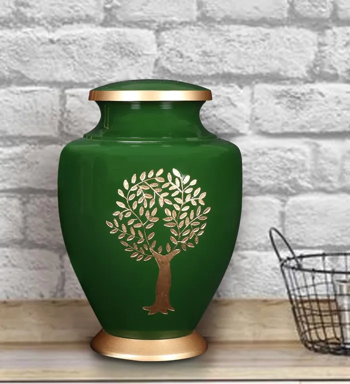 Dropshipped via Social Commerce Network ALPHA Living HOME Aluminum Cremation Urn Dark Green with Gold Engraved Life Tree 75x75x10 Secure Memorial Urn for Human Ashes Necklaces