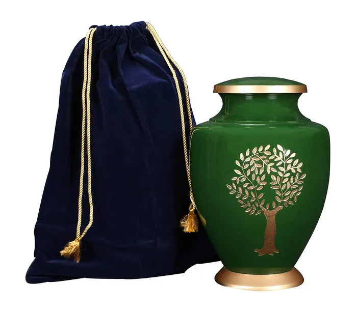 Dropshipped via Social Commerce Network ALPHA Living HOME Aluminum Cremation Urn Dark Green with Gold Engraved Life Tree 75x75x10 Secure Memorial Urn for Human Ashes Necklaces
