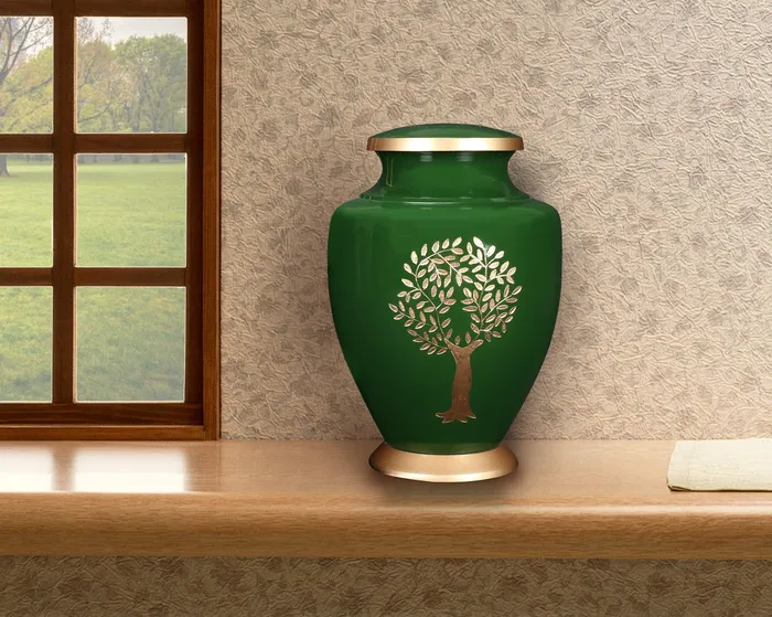 Dropshipped via Social Commerce Network ALPHA Living HOME Aluminum Cremation Urn Dark Green with Gold Engraved Life Tree 75x75x10 Secure Memorial Urn for Human Ashes Necklaces