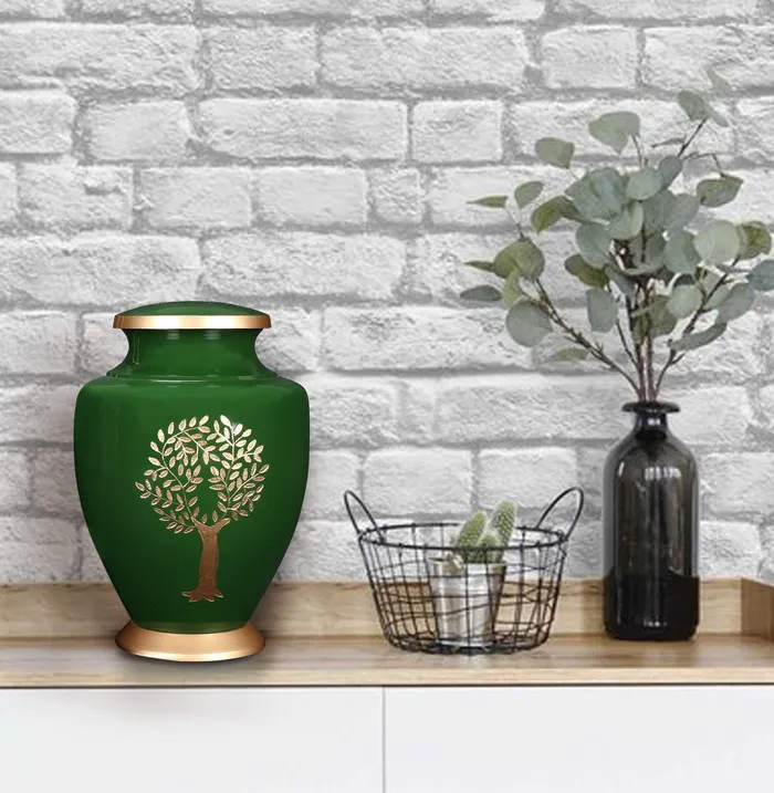 Dropshipped via Social Commerce Network ALPHA Living HOME Aluminum Cremation Urn Dark Green with Gold Engraved Life Tree 75x75x10 Secure Memorial Urn for Human Ashes Necklaces