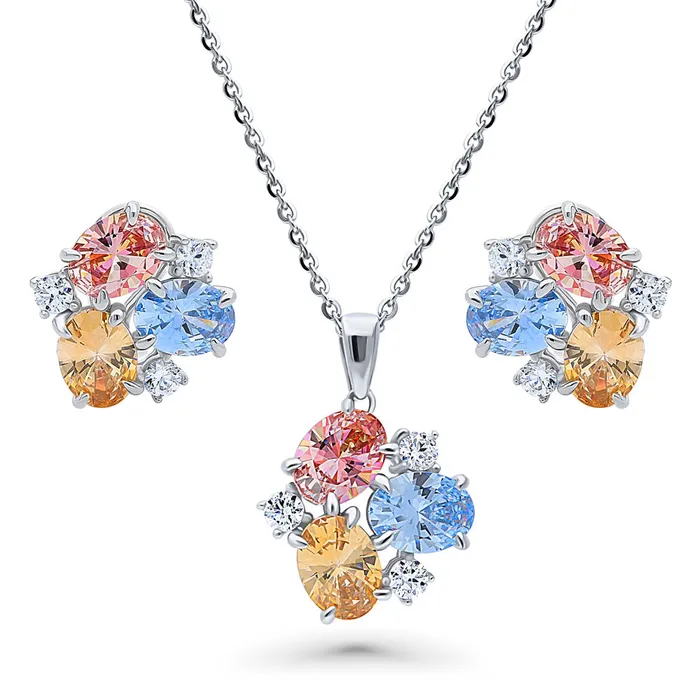Earrings BERRICLE Cluster Blue CZ Necklace and Earrings in Sterling Silver