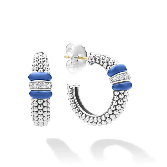 Earrings LAGOS Blue Caviar Ultramarine Ceramic Caviar Diamond Hoop Earrings Earrings LAGOS Blue Caviar Ultramarine Ceramic Caviar Diamond Hoop Earrings