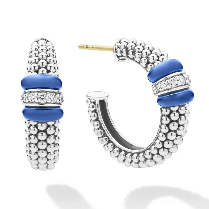 Earrings LAGOS Blue Caviar Ultramarine Ceramic Caviar Diamond Hoop Earrings Earrings LAGOS Blue Caviar Ultramarine Ceramic Caviar Diamond Hoop Earrings