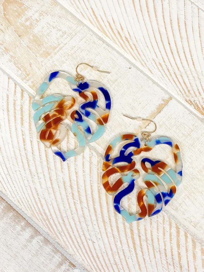 Earrings Prep Obsessed MONT Acrylic Palm Leaf Dangle Earrings Blue Multi