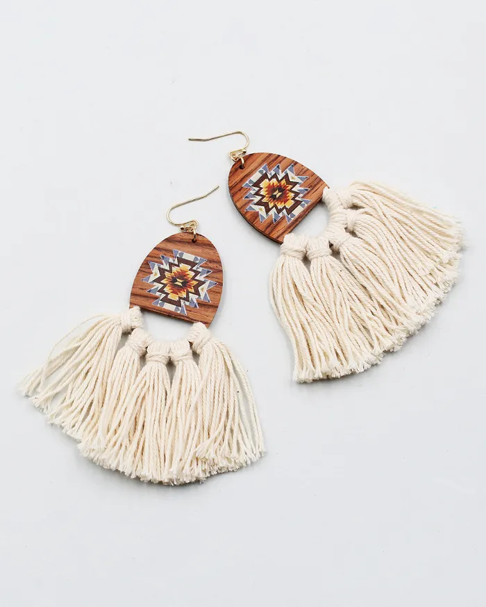 Earrings Western Wood Top Earrings with Cotton Fringe 072222