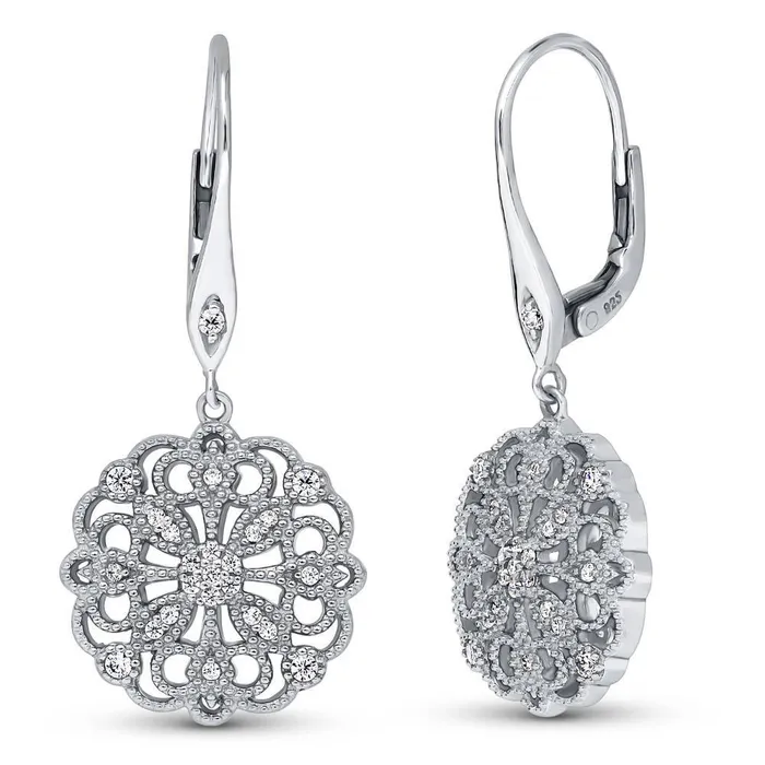 Flower Filigree CZ Leverback Earrings in Sterling Silver BERRICLE Earrings